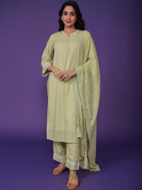 zari jaipur green chequered kurta pant set with dupatta