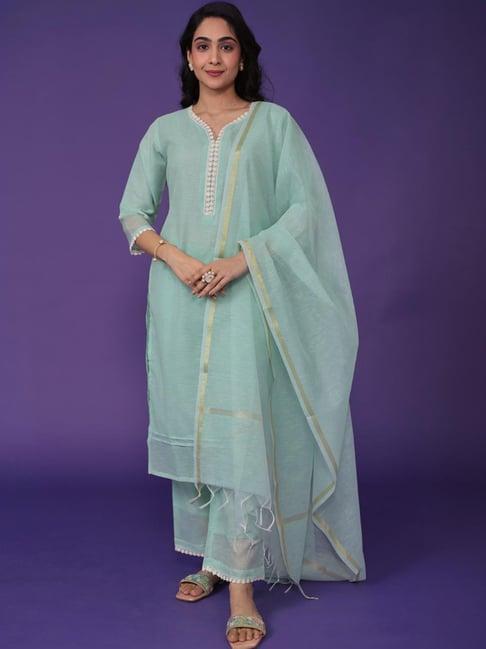 zari jaipur green embroidered kurta palazzo set with dupatta