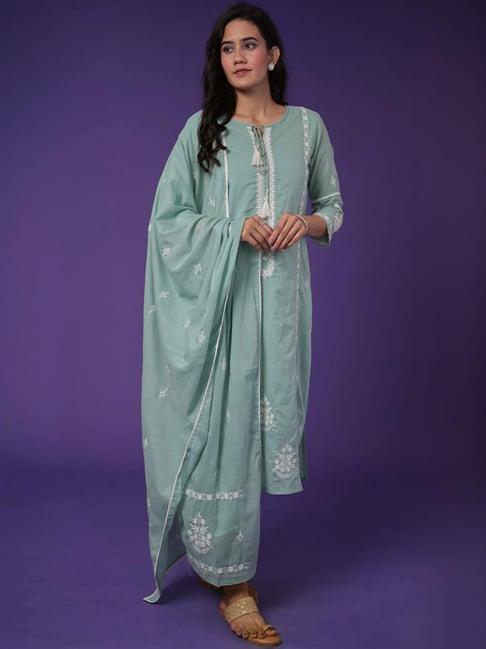 zari jaipur blue cotton embroidered kurta pant set with dupatta