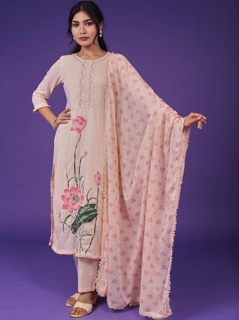 zari jaipur peach printed kurta pant set with dupatta