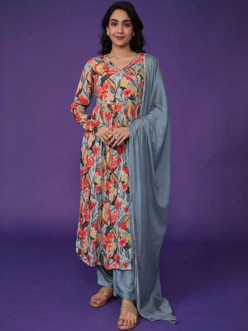 zari jaipur blue printed kurta pant set with dupatta