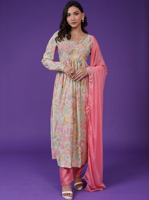 zari jaipur multicolored printed kurta pant set with dupatta