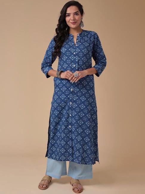 zari jaipur blue cotton printed kurta palazzo set