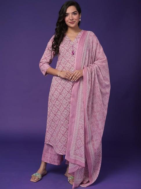 zari jaipur pink cotton printed kurta palazzo set with dupatta