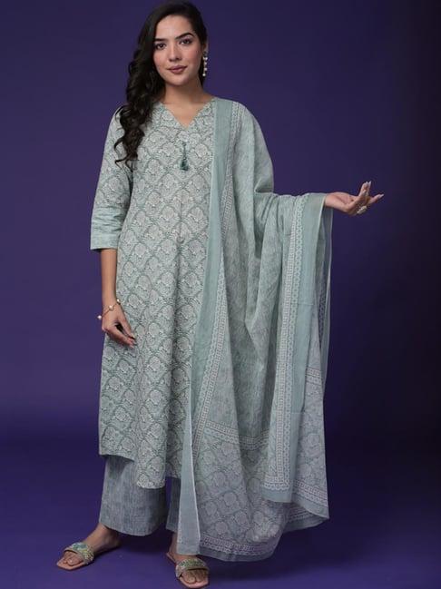 zari jaipur green cotton printed kurta palazzo set with dupatta