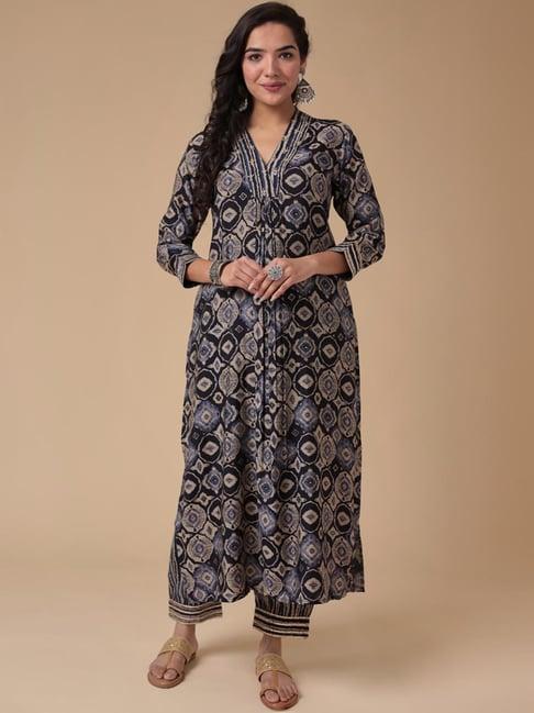 zari jaipur blue printed kurta salwar set