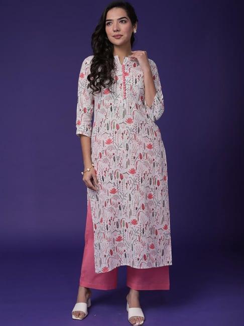 zari jaipur white & pink printed kurta palazzo set