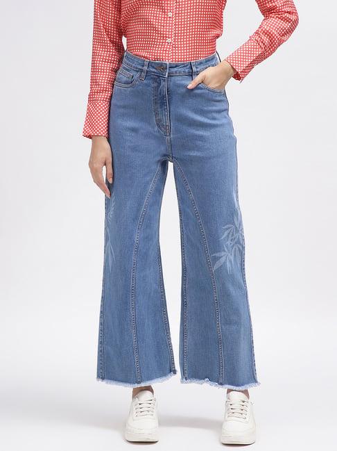 iconic blue cotton printed regular fit mid rise jeans