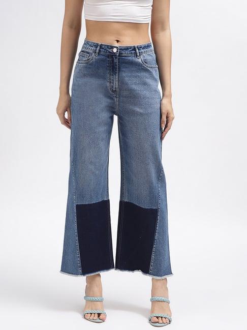 iconic blue cotton color-block regular fit mid rise jeans