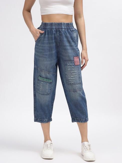 iconic blue cotton distressed relaxed fit high rise jeans