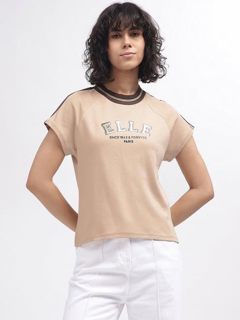 elle beige cotton graphic print t-shirt