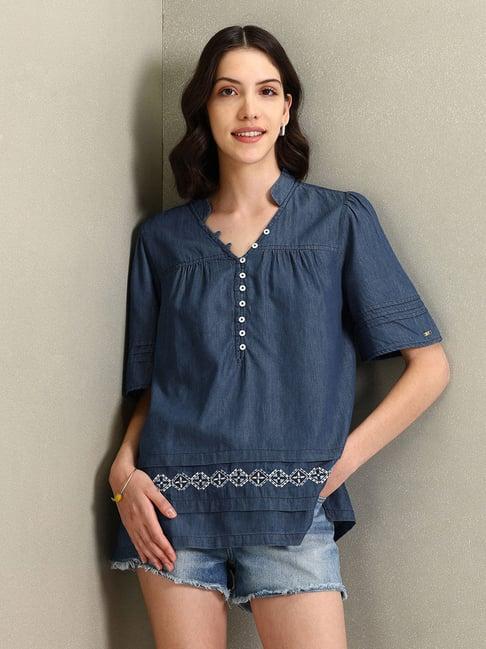 u.s. polo assn. blue cotton embroidered top