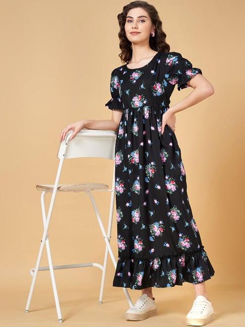 yu by pantaloons black floral print maxi dress