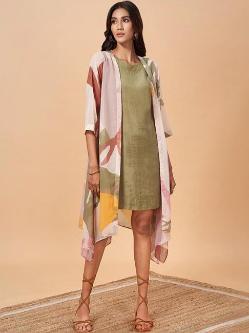 marigold lane green printed a-line dress with shrug