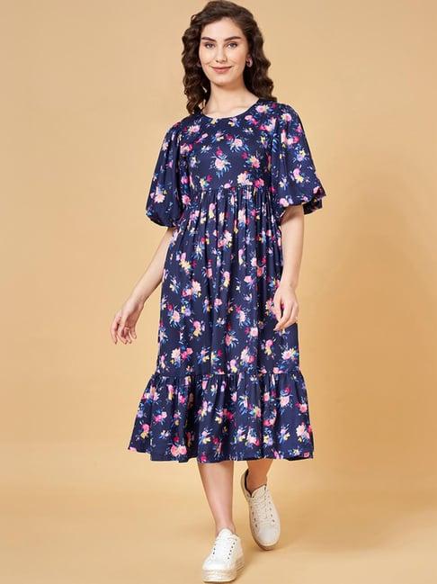 yu by pantaloons navy floral print a-line dress