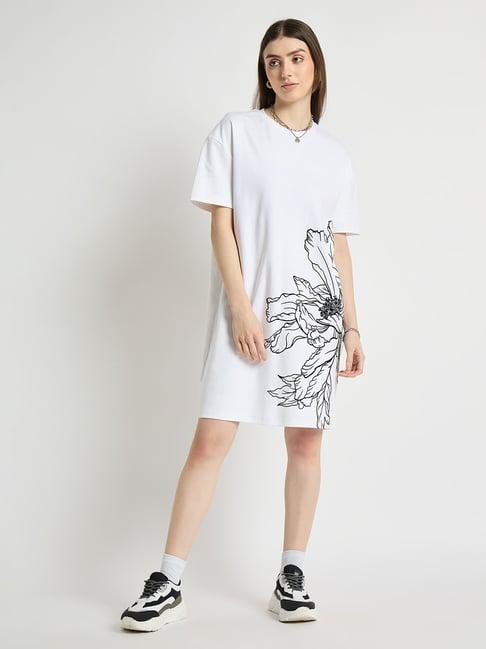 edrio white & black cotton floral print t shirt dress