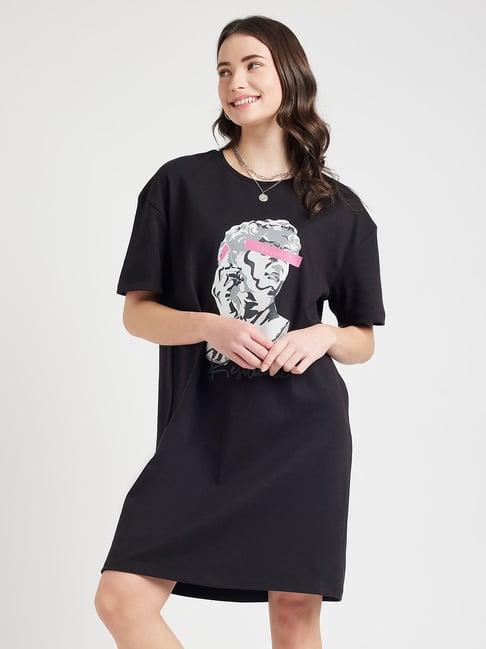 edrio black cotton graphic print t shirt dress