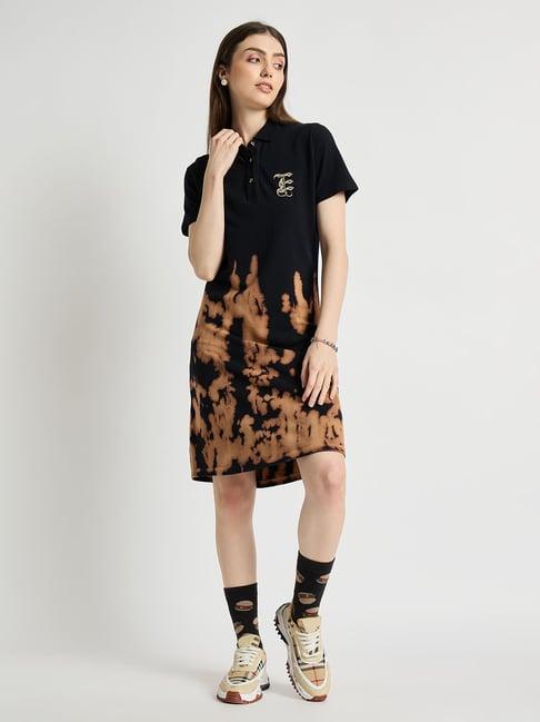 edrio black & brown cotton tie - dye t shirt dress