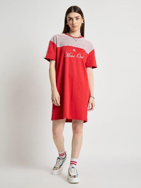 edrio red cotton graphic print t shirt dress