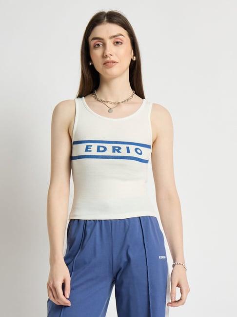 edrio white & blue cotton graphic print tank top