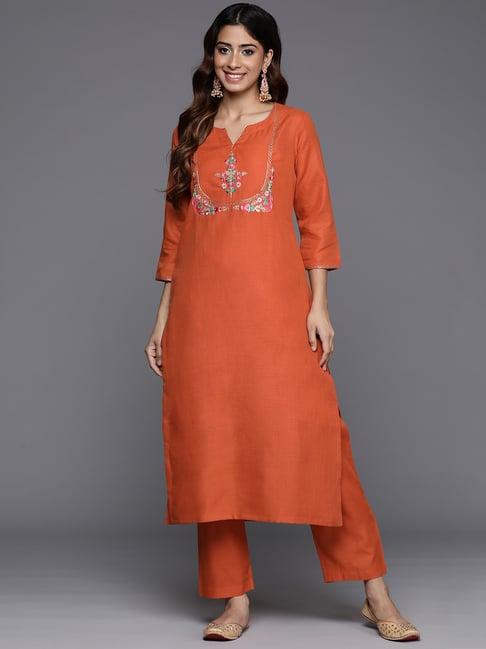 varanga rust embroidered kurta pant set