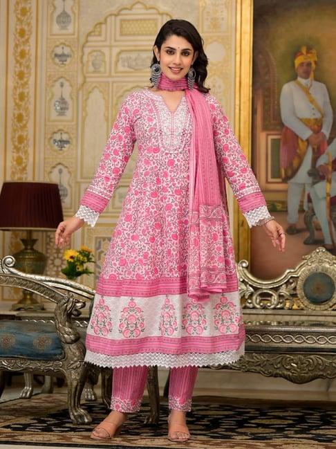 varanga white & pink floral print kurta with pant & dupatta