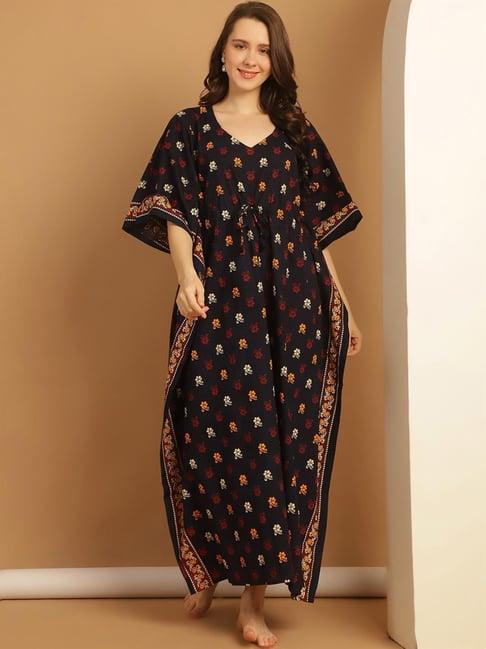 secret wish black cotton floral print kaftan