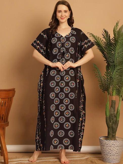 secret wish black cotton floral print kaftan