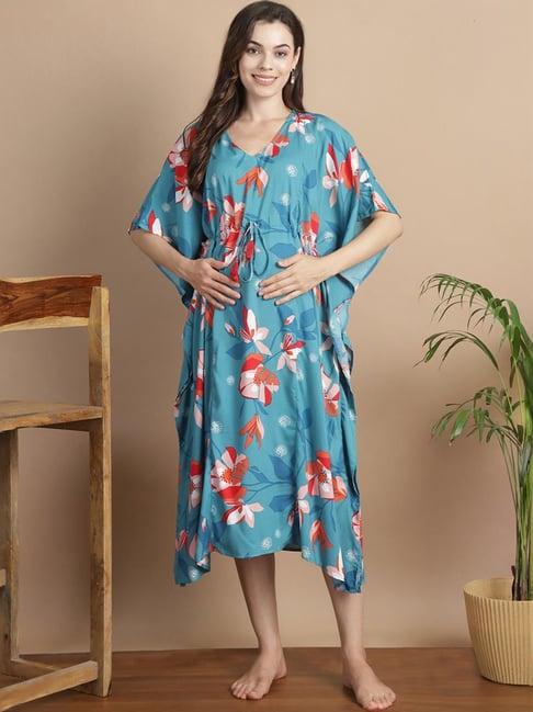 secret wish sky blue floral print kaftan