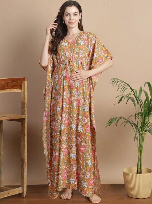 secret wish yellow cotton floral print kaftan