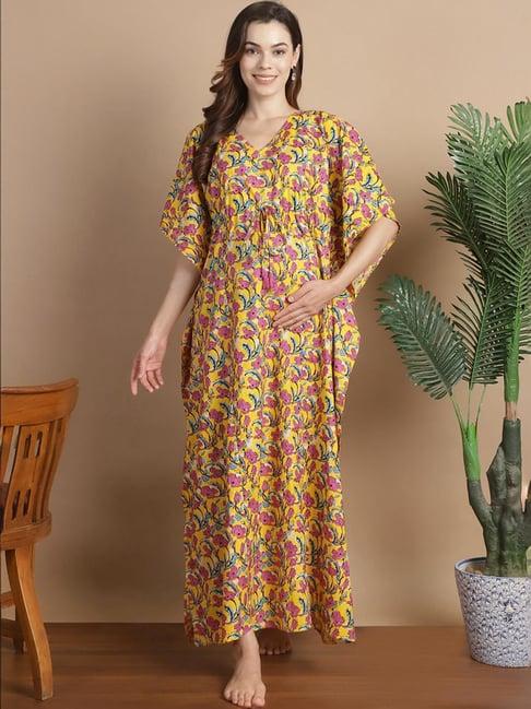 secret wish yellow cotton floral print kaftan