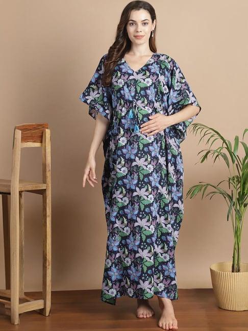 secret wish navy cotton floral print kaftan