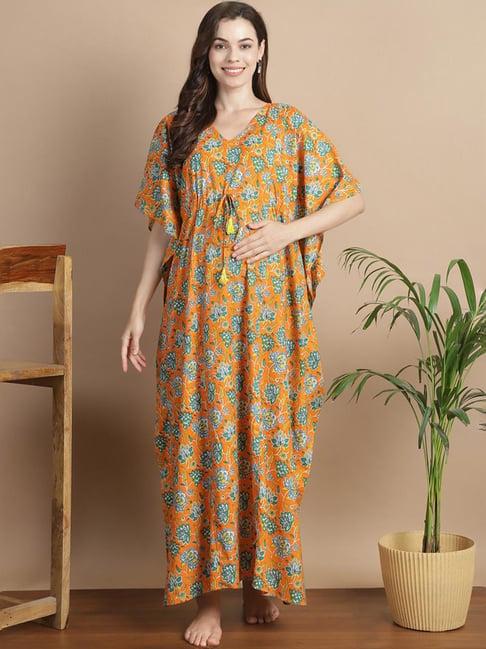 secret wish orange cotton floral print kaftan