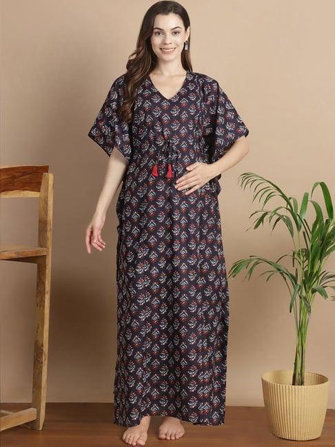 secret wish navy cotton floral print kaftan