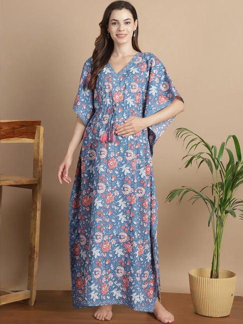 secret wish navy cotton floral print kaftan