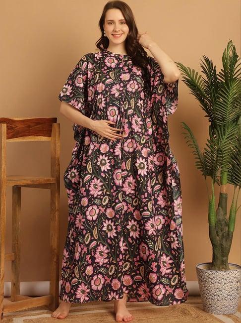 secret wish black cotton floral print kaftan