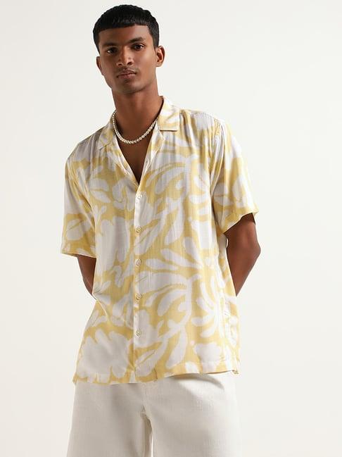 nuon by westside yellow relaxed fit printed blended linen shirt