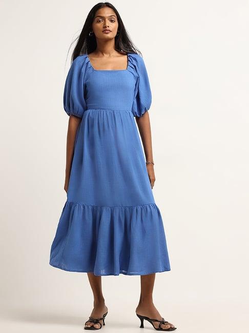 lov by westside solid blue tiered blended linen maxi dress