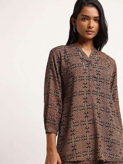 utsa by westside black straight fit printed kurti