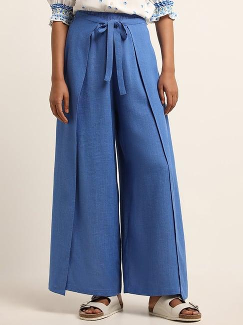 lov by westside blue mid rise blended linen wrap pants