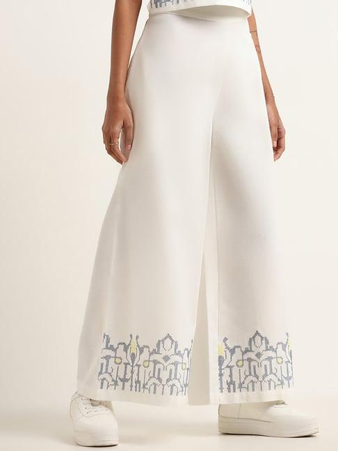 bombay paisley by westside white printed blended linen mid rise pants