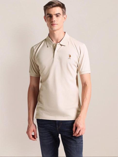 u.s. polo assn. beige cotton slim fit texture polo t-shirt