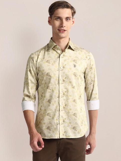 u.s. polo assn. beige cotton regular fit floral print shirt