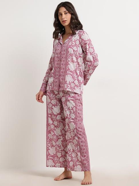 wunderlove by westside pink floral printed shirt with pyjamas set