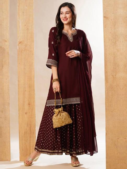 globus maroon embellished kurta with palazzos & dupatta