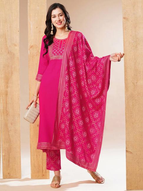 globus pink embellished kurta with pants & dupatta