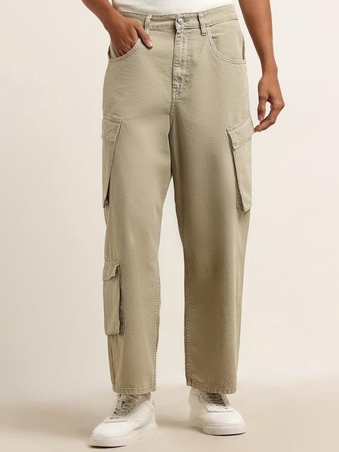 nuon by westside beige cargo style mid rise loose fit jeans