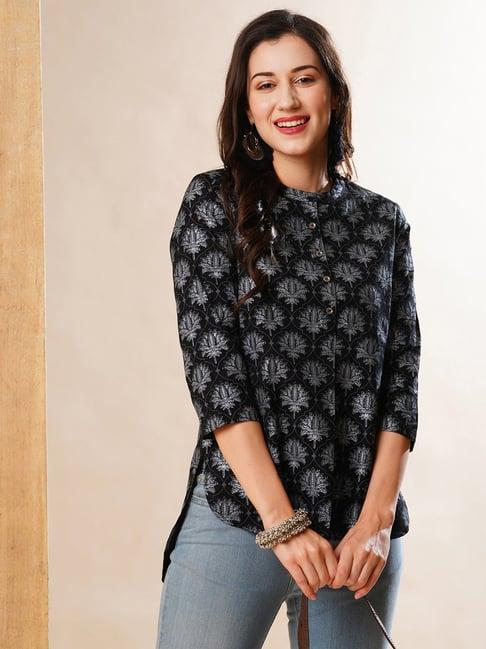 globus black & grey cotton floral print tunic