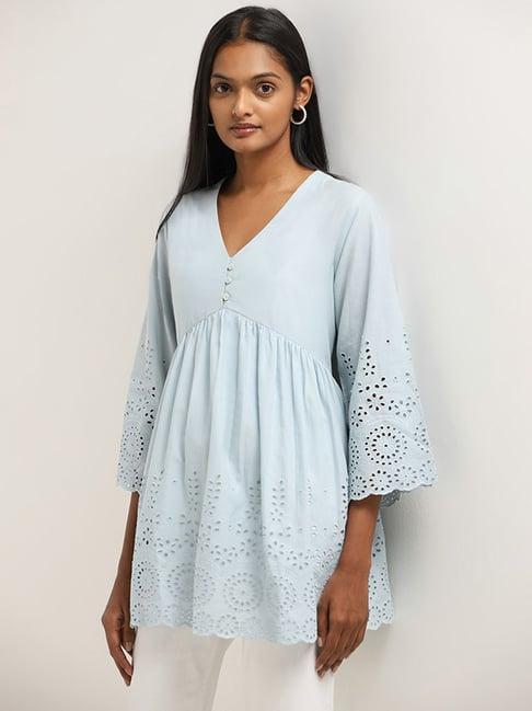 utsa by westside blue schiffli design fit and flare kurti