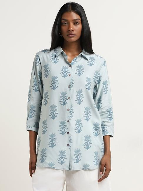 zuba by westside light blue floral pattern straight tunic